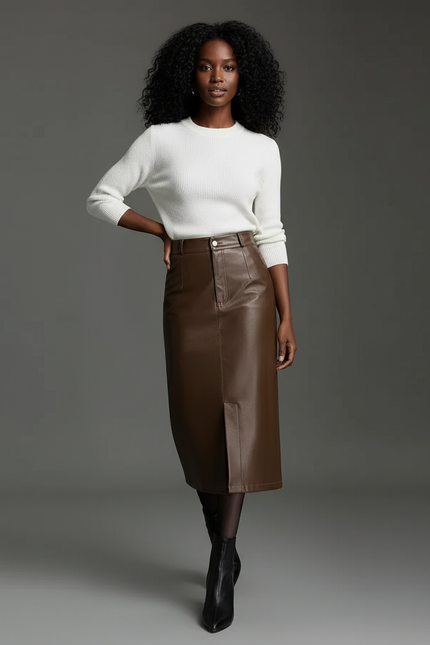Jupe Midi Simili Cuir Fente Chic