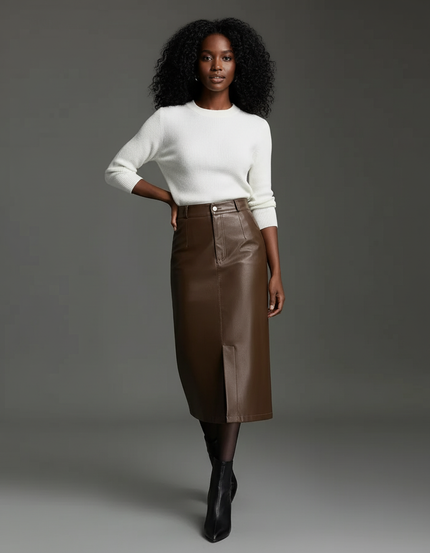 Jupe Midi Simili Cuir Fente Chic