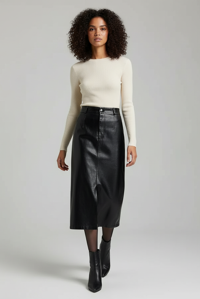 Jupe Midi Cuir Fendue Élégante