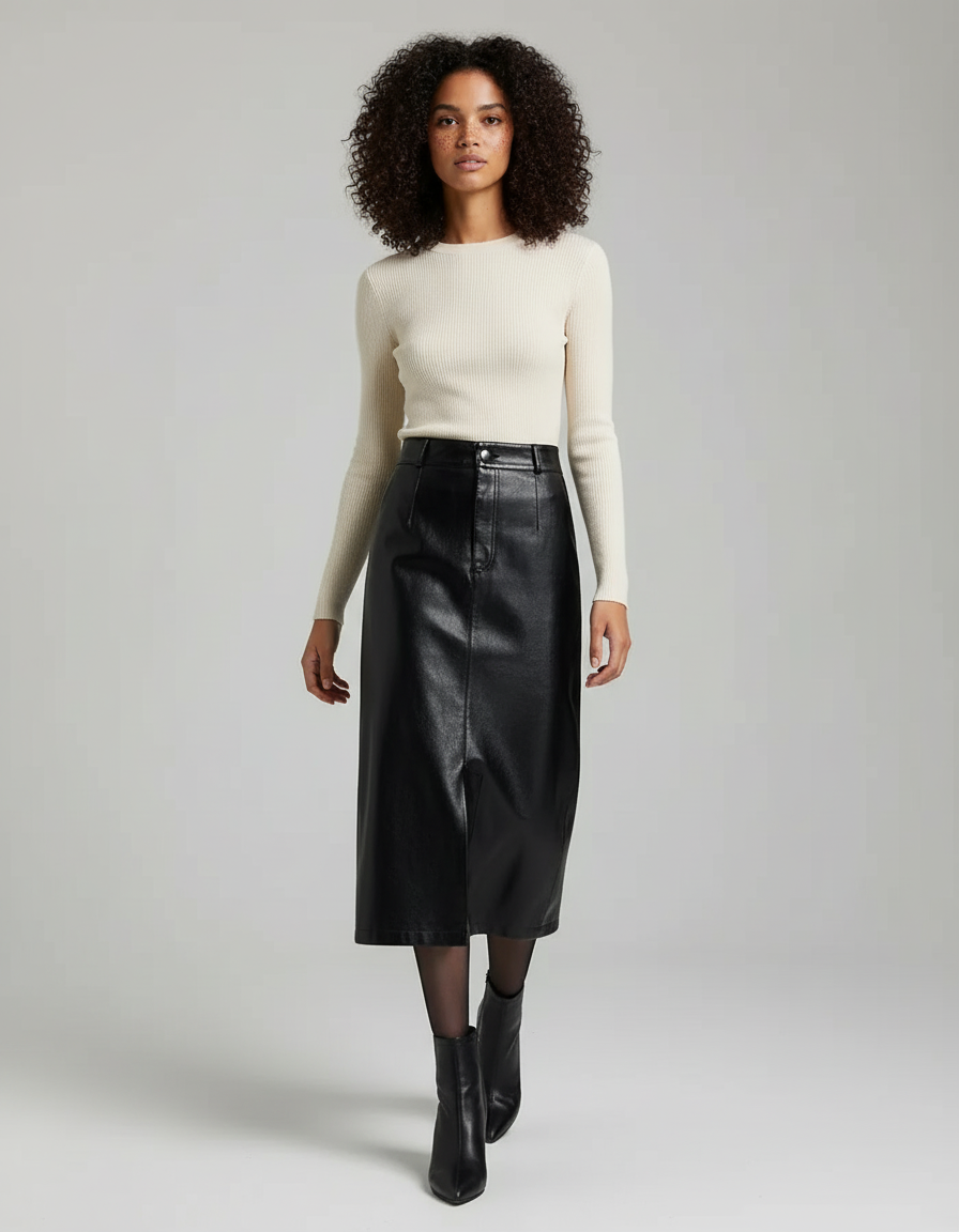 Jupe Midi Cuir Fendue Élégante