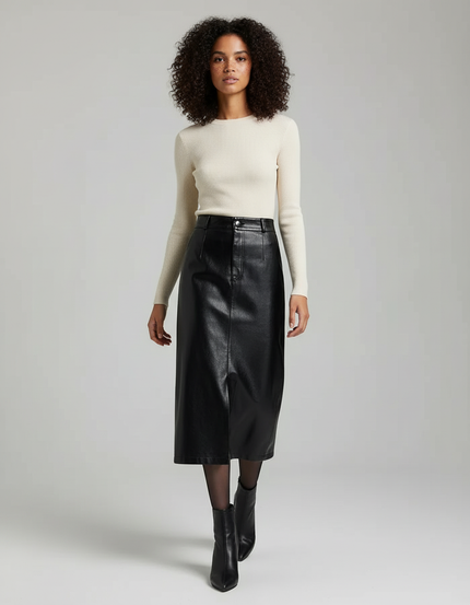 Jupe Midi Cuir Fendue Élégante