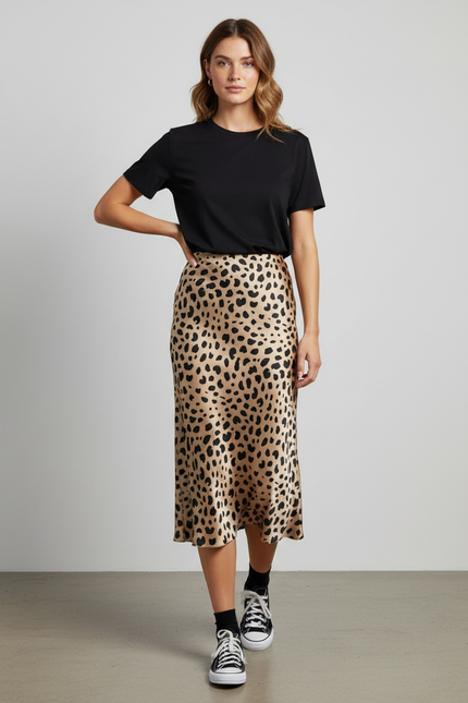 Jupe Midi Léopard Satin Élégante