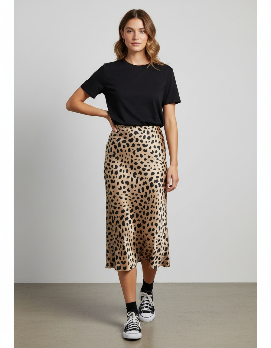 Jupe Midi Léopard Satin Élégante