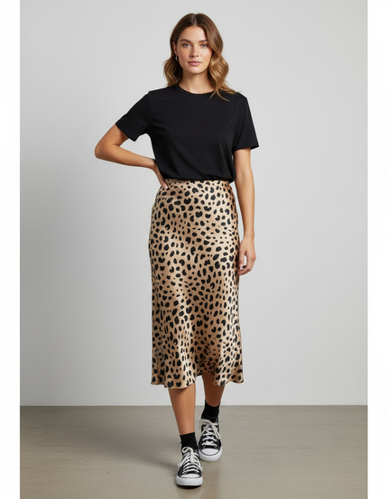 Jupe Midi Léopard Satin Élégante