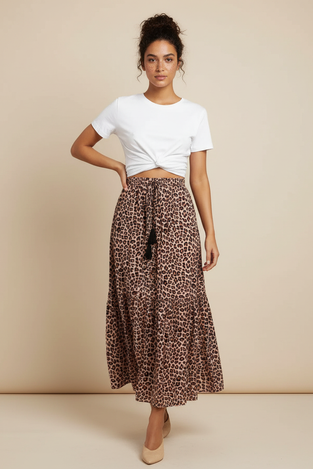 Jupe Midi Imprimée Leopard Fluide