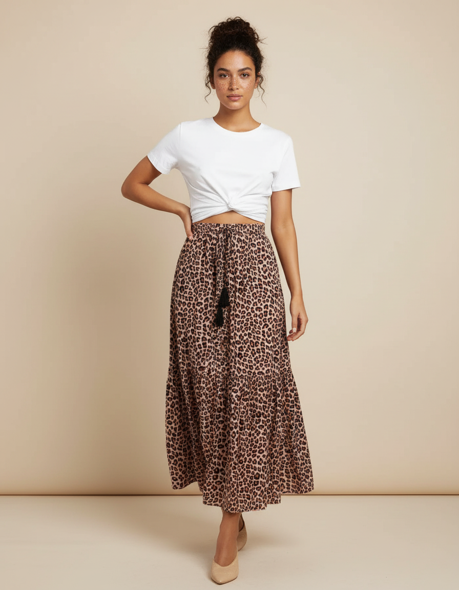 Jupe Midi Imprimée Leopard Fluide
