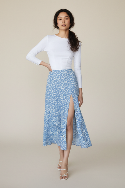 Jupe Midi Élégante Bleue Fleurie À Fente