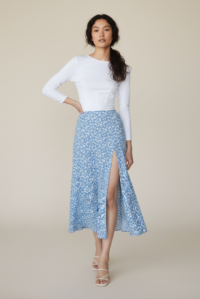 Jupe Midi Élégante Bleue Fleurie À Fente