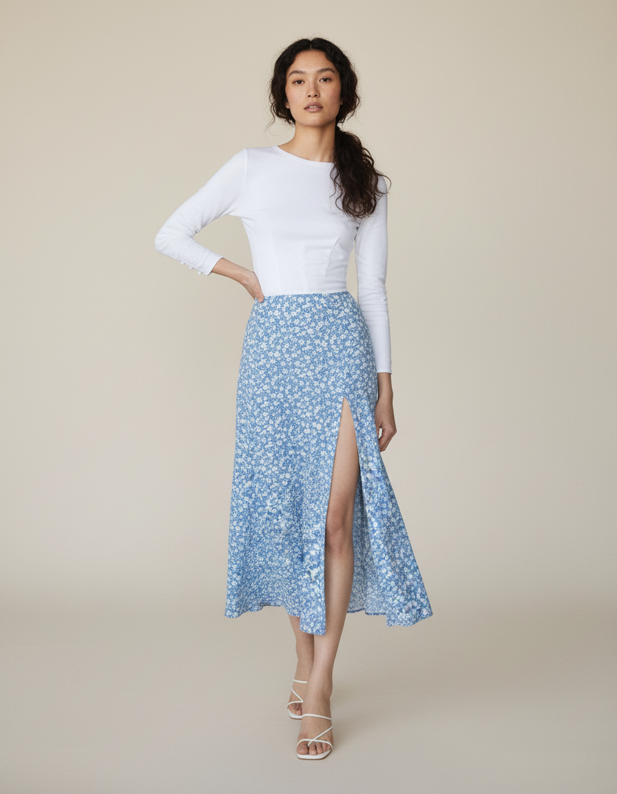 Jupe Midi Élégante Bleue Fleurie À Fente