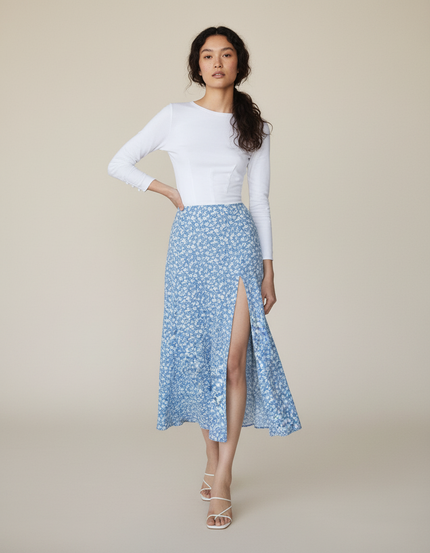 Jupe Midi Élégante Bleue Fleurie À Fente