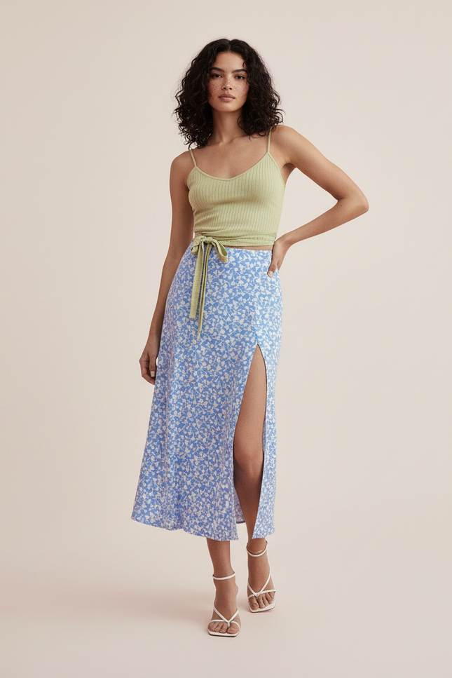 Jupe Midi Bleue Fleurie Fendue Fluide