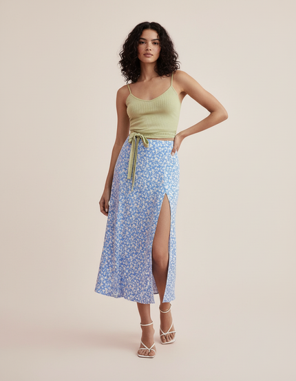 Jupe Midi Bleue Fleurie Fendue Fluide