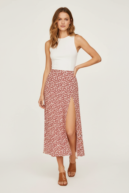 Jupe Midi Florale Fendue Élégante