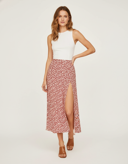 Jupe Midi Florale Fendue Élégante