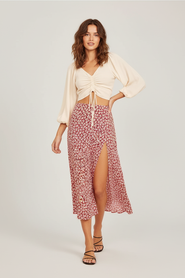 Jupe Midi Fleurie Fendue Élégante