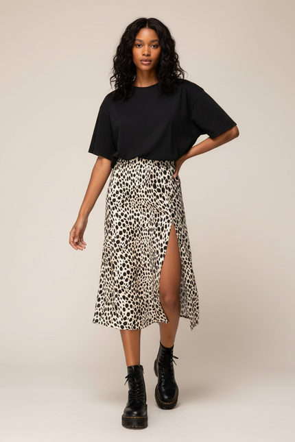 Jupe Midi Imprimé Léopard Fendue Élégante