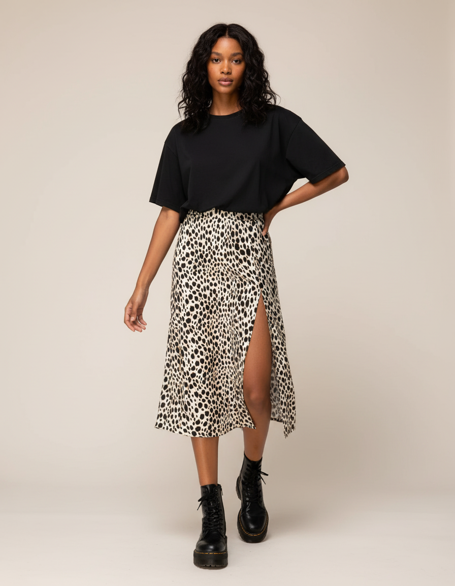Jupe Midi Imprimé Léopard Fendue Élégante