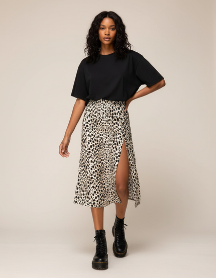 Jupe Midi Imprimé Léopard Fendue Élégante