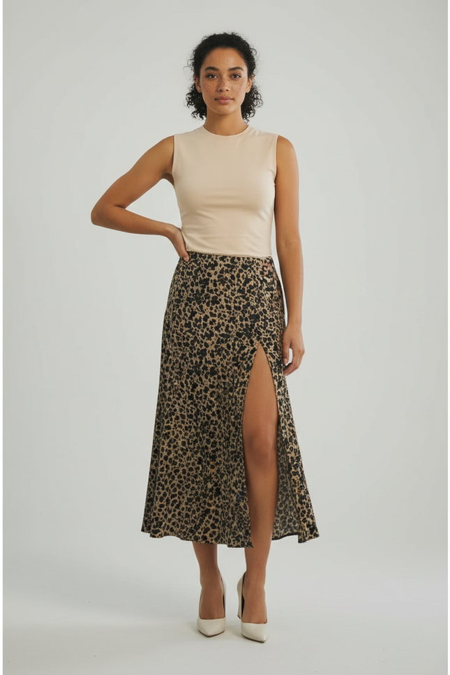 Jupe Midi Imprimée Léopard Fendue Élégante