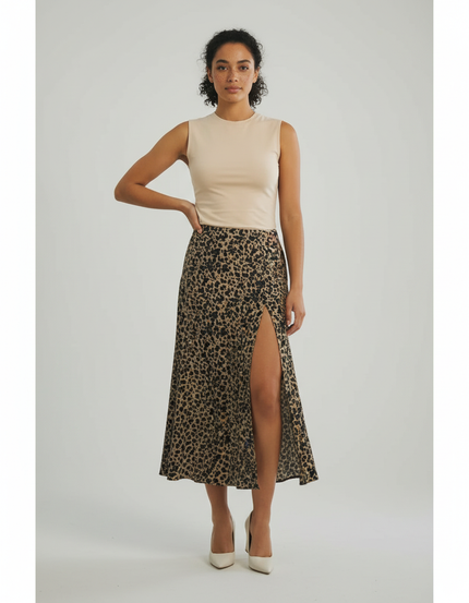 Jupe Midi Imprimée Léopard Fendue Élégante