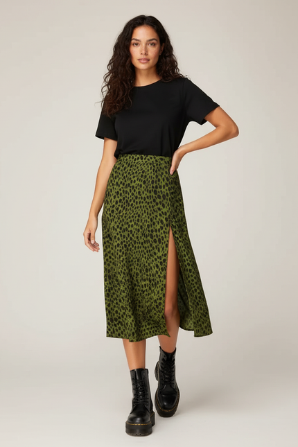 Jupe Midi Verte Léopard Fendue Élégante