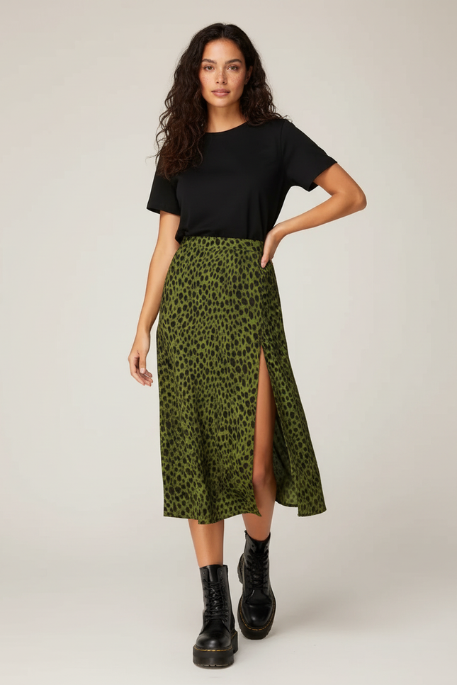 Jupe Midi Verte Léopard Fendue Élégante