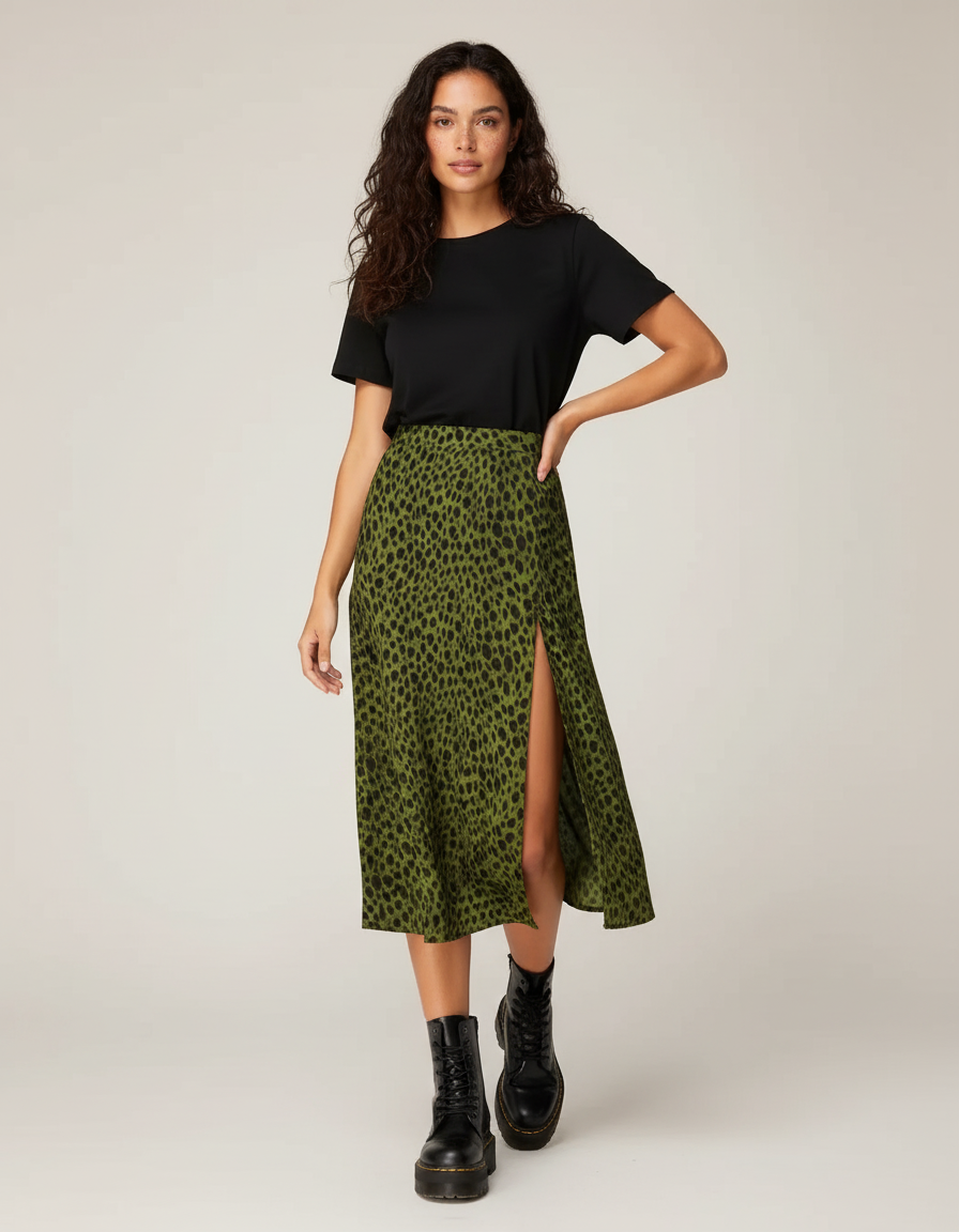 Jupe Midi Verte Léopard Fendue Élégante