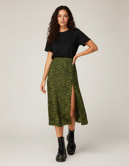 Jupe Midi Verte Léopard Fendue Élégante