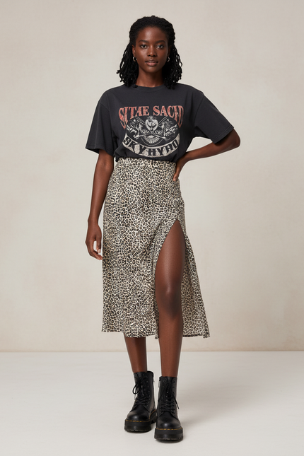 Jupe Midi Léopard Fendue Élégante
