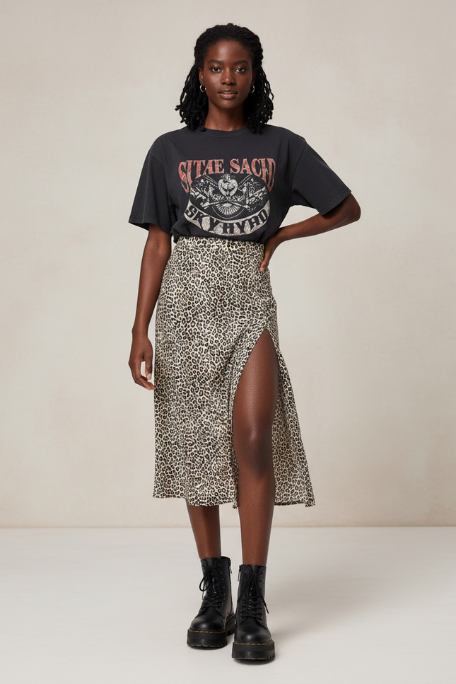 Jupe Midi Léopard Fendue Élégante