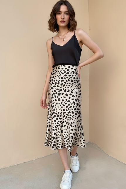 Jupe Midi Léopard Satin Élégante sauvage