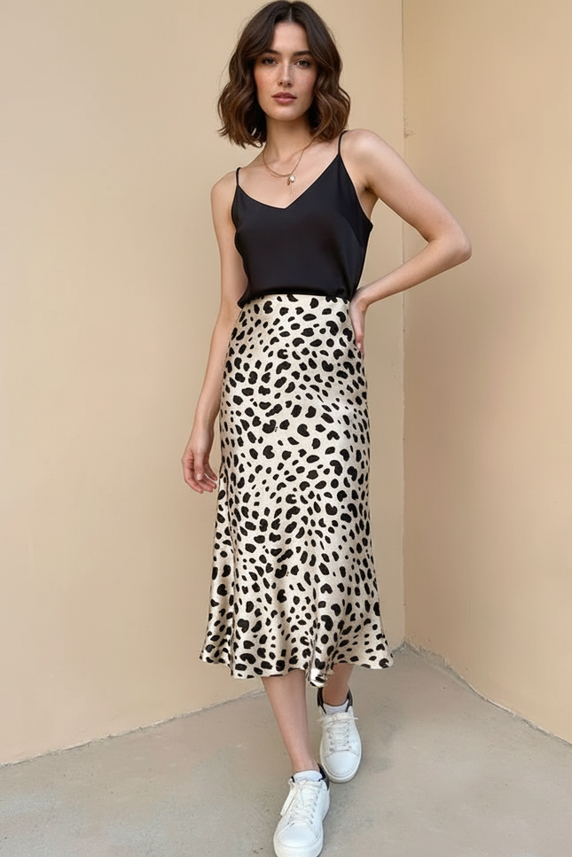 Jupe Midi Léopard Satin Élégante sauvage