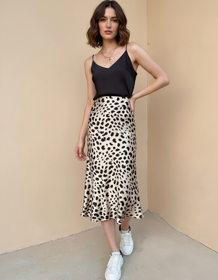 Jupe Midi Léopard Satin Élégante sauvage