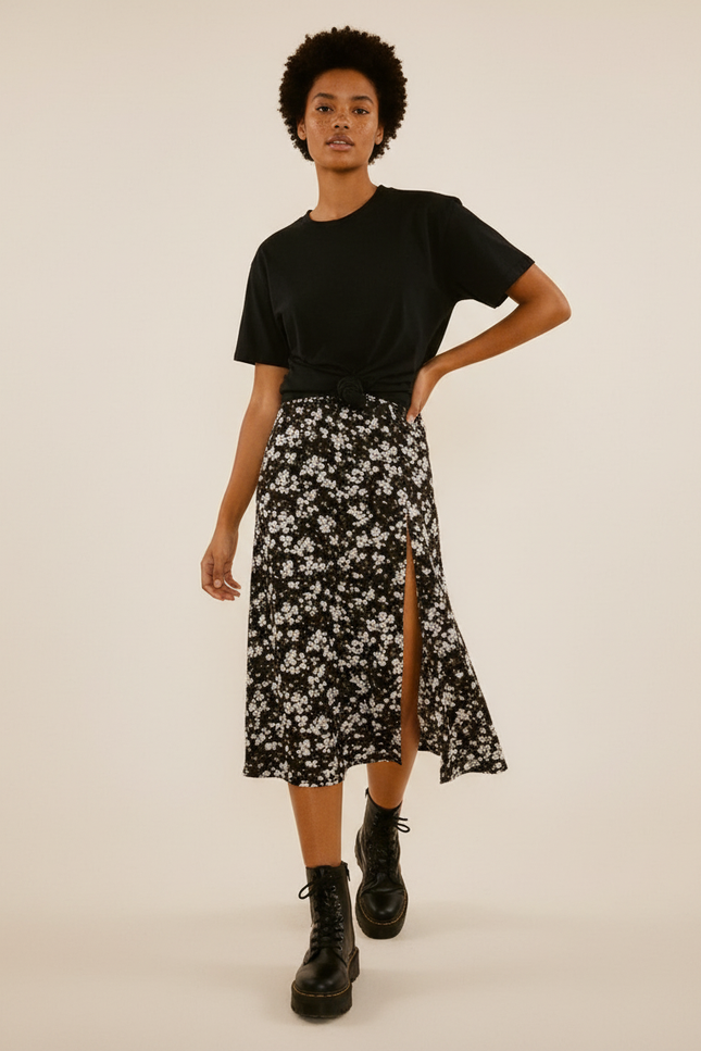 Jupe Midi Florale Fendue Fluide