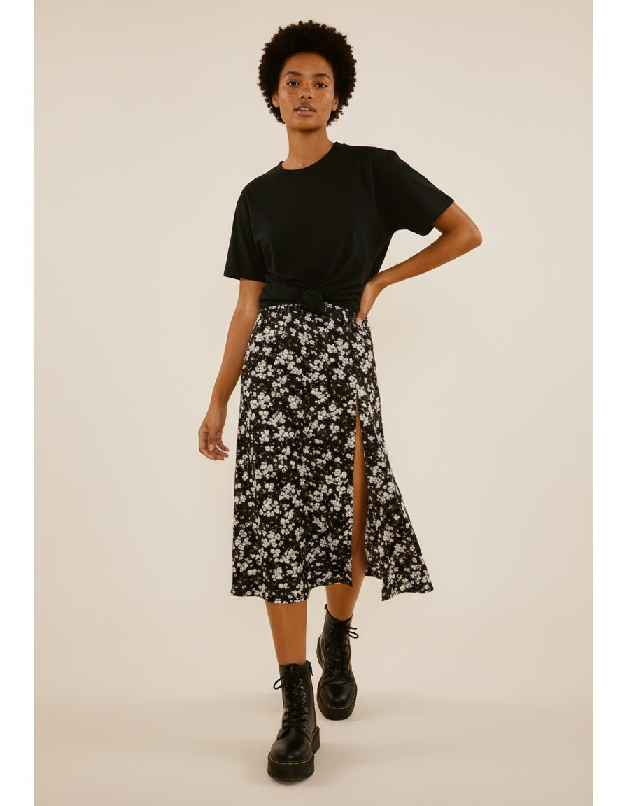 Jupe Midi Florale Fendue Fluide