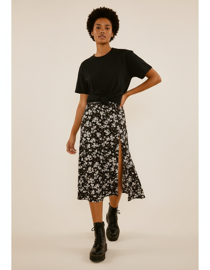 Jupe Midi Florale Fendue Fluide