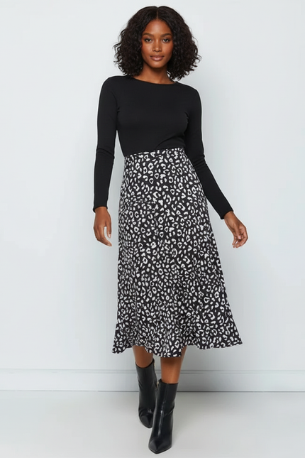 Jupe Midi Léopard Noir Blanc Fluide Élégante