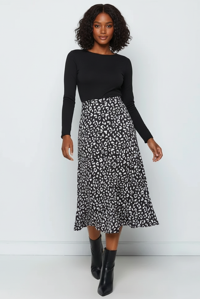 Jupe Midi Léopard Noir Blanc Fluide Élégante