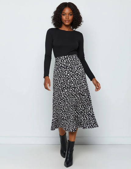 Jupe Midi Léopard Noir Blanc Fluide Élégante