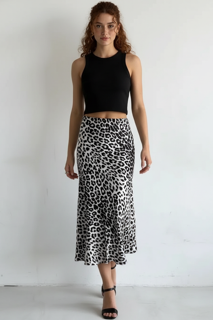 Jupe Midi Léopard Satin Fluide