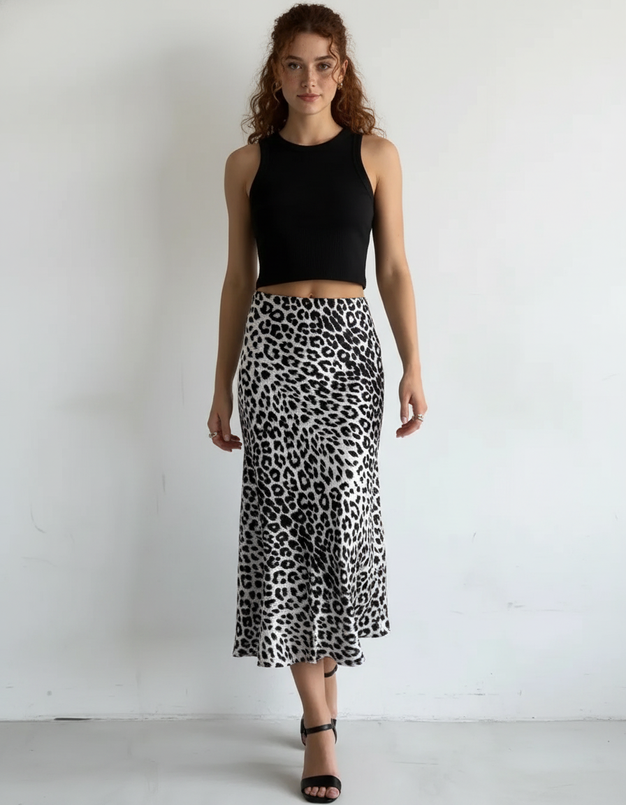 Jupe Midi Léopard Satin Fluide