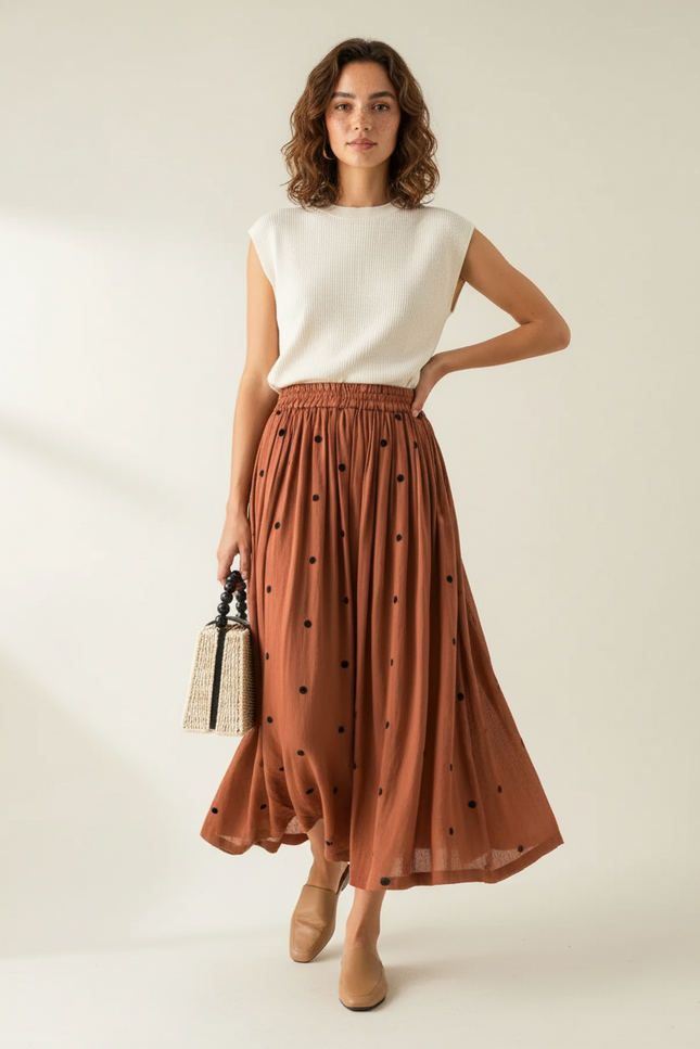 Jupe Midi Rouille À Pois Fluide