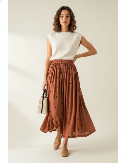 Jupe Midi Rouille À Pois Fluide