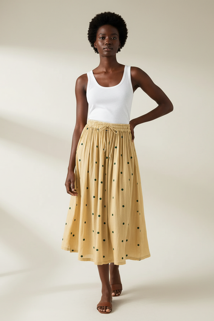 Jupe Midi Jaune À Pois Fluide