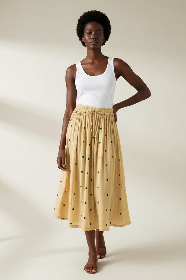 Jupe Midi Jaune À Pois Fluide