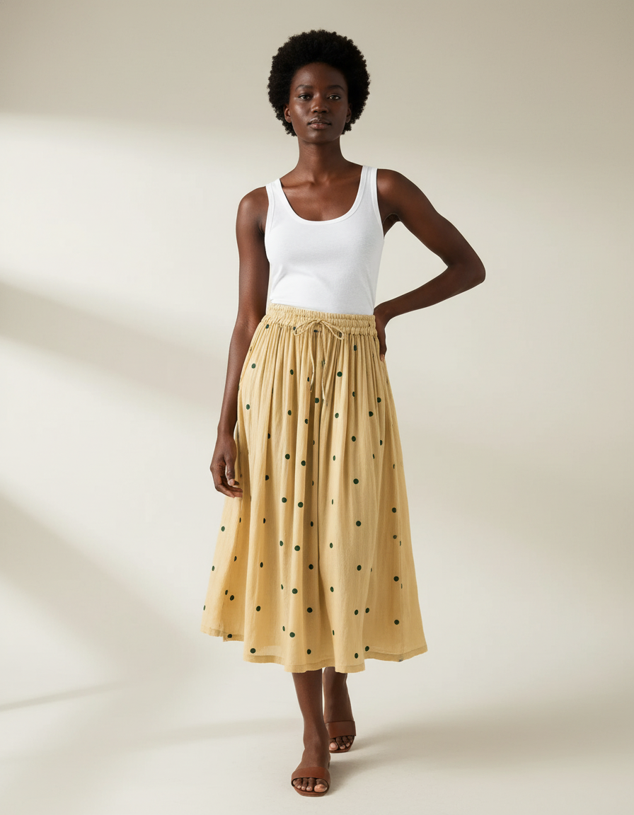 Jupe Midi Jaune À Pois Fluide