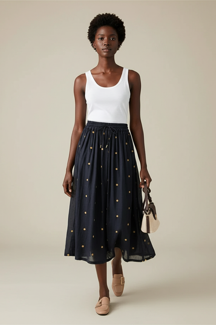 Jupe Midi Marine Pois Fluide