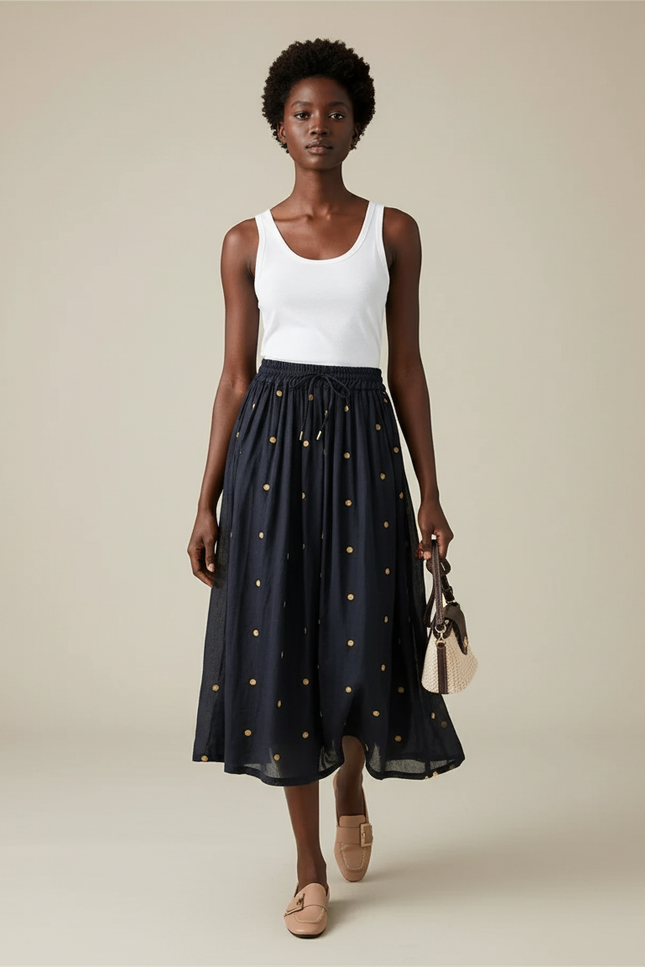 Jupe Midi Marine Pois Fluide