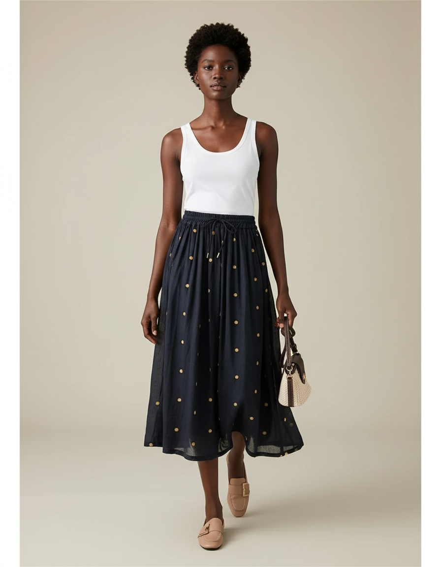 Jupe Midi Marine Pois Fluide