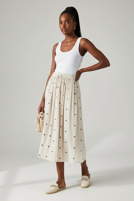 Jupe Midi Crème Pois Fluide